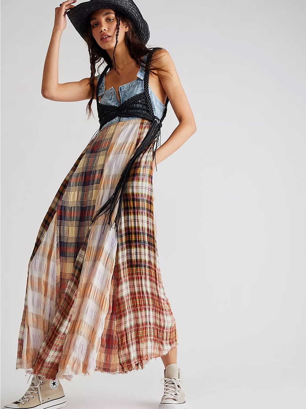 Free People We The Free Mix It Up Maxi Dress Splinter Plaid Denim Size 10 NWT - Picture 13 of 15